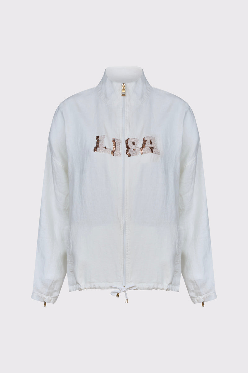 Biała bluza rozpinana ze złotym napisem