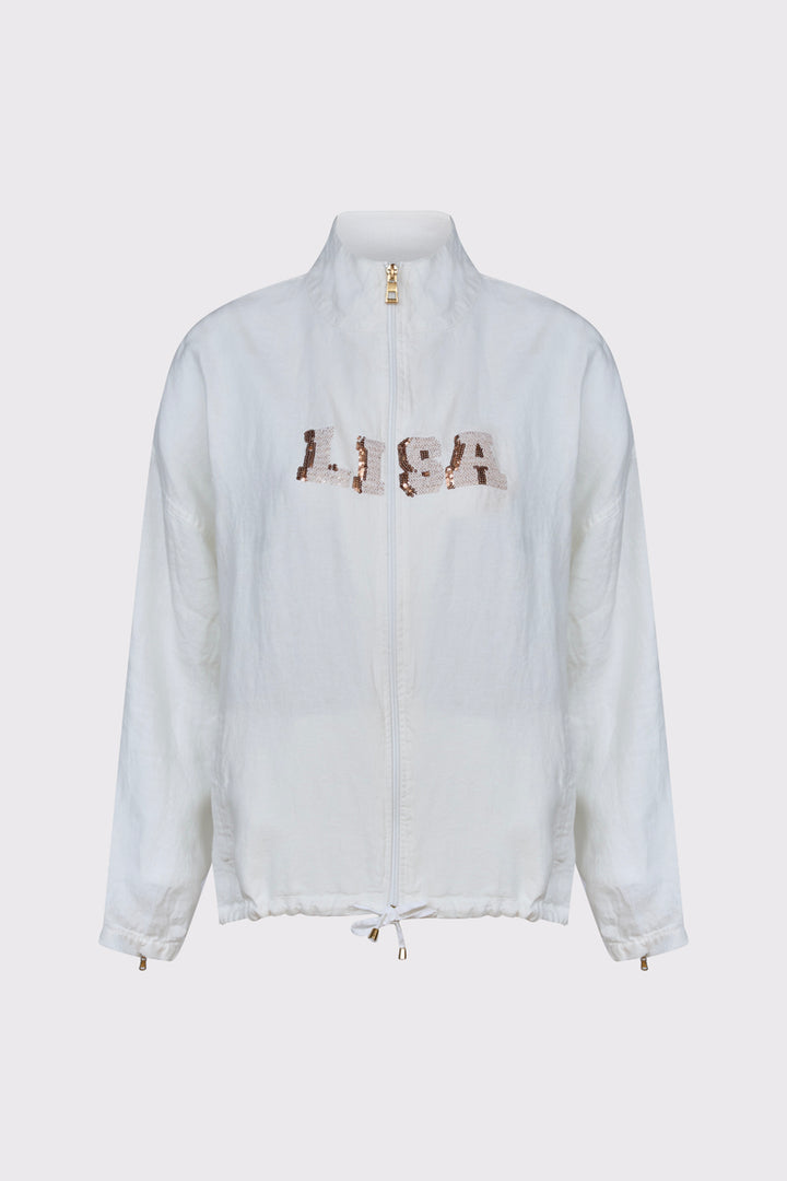 Biała bluza rozpinana ze złotym napisem