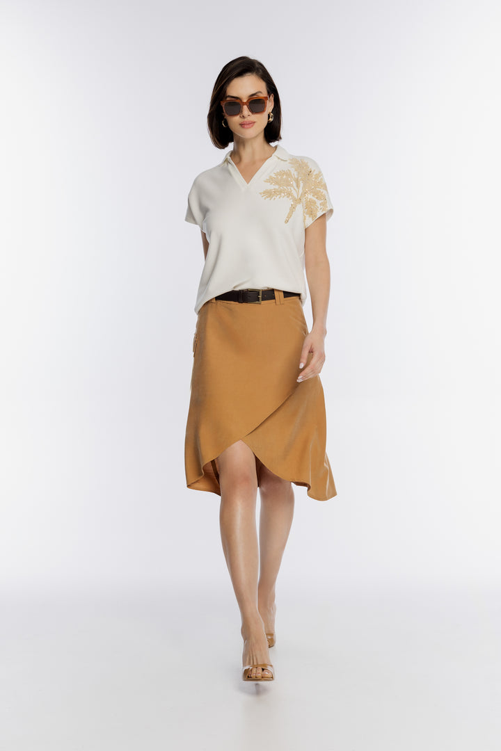 Brązowa spódnica kopertowa z paskiem i kieszenią