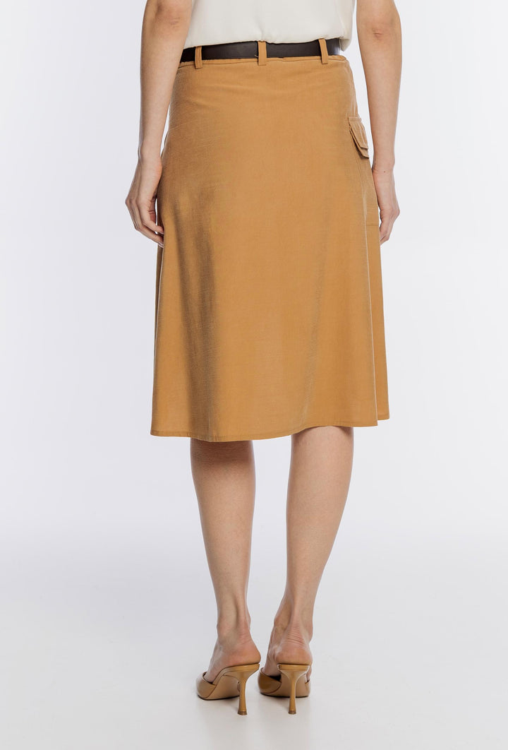 Brązowa spódnica kopertowa z paskiem i kieszenią
