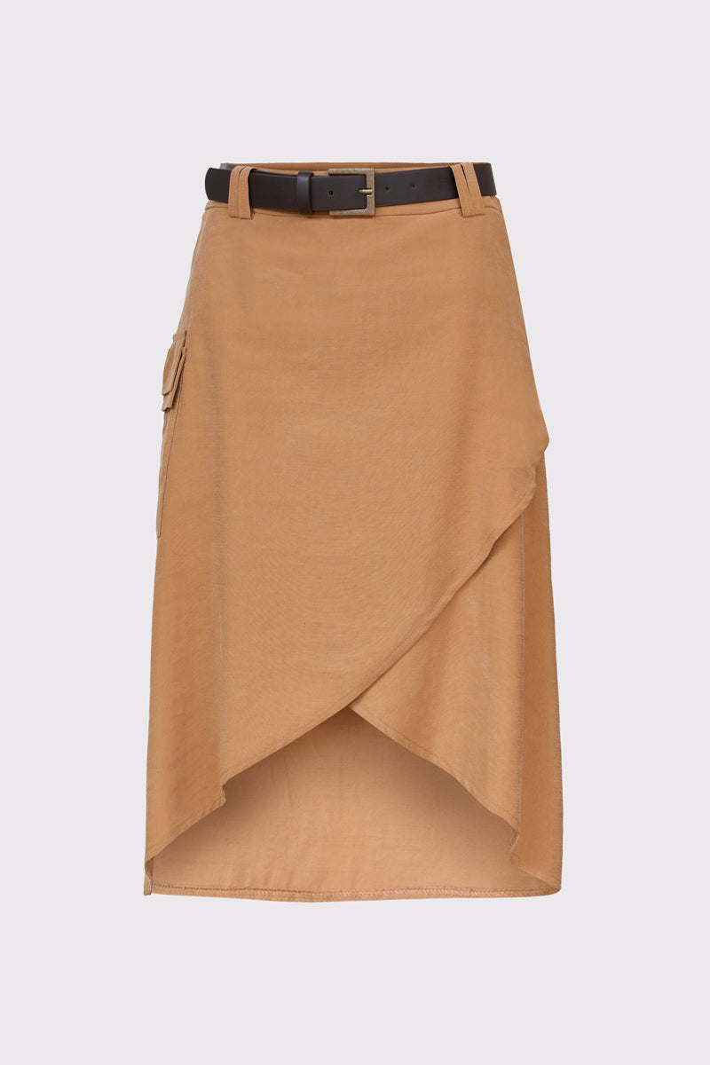 Brązowa spódnica kopertowa z paskiem i kieszenią
