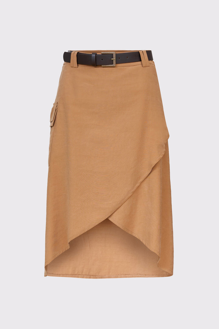 Brązowa spódnica kopertowa z paskiem i kieszenią