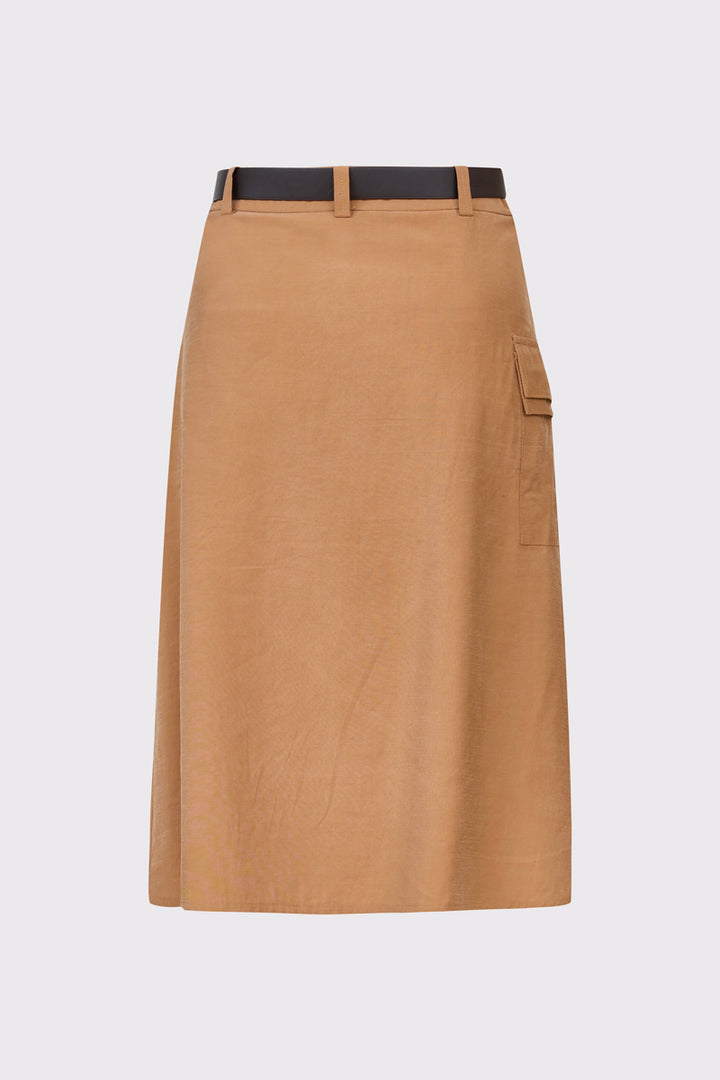 Brązowa spódnica kopertowa z paskiem i kieszenią