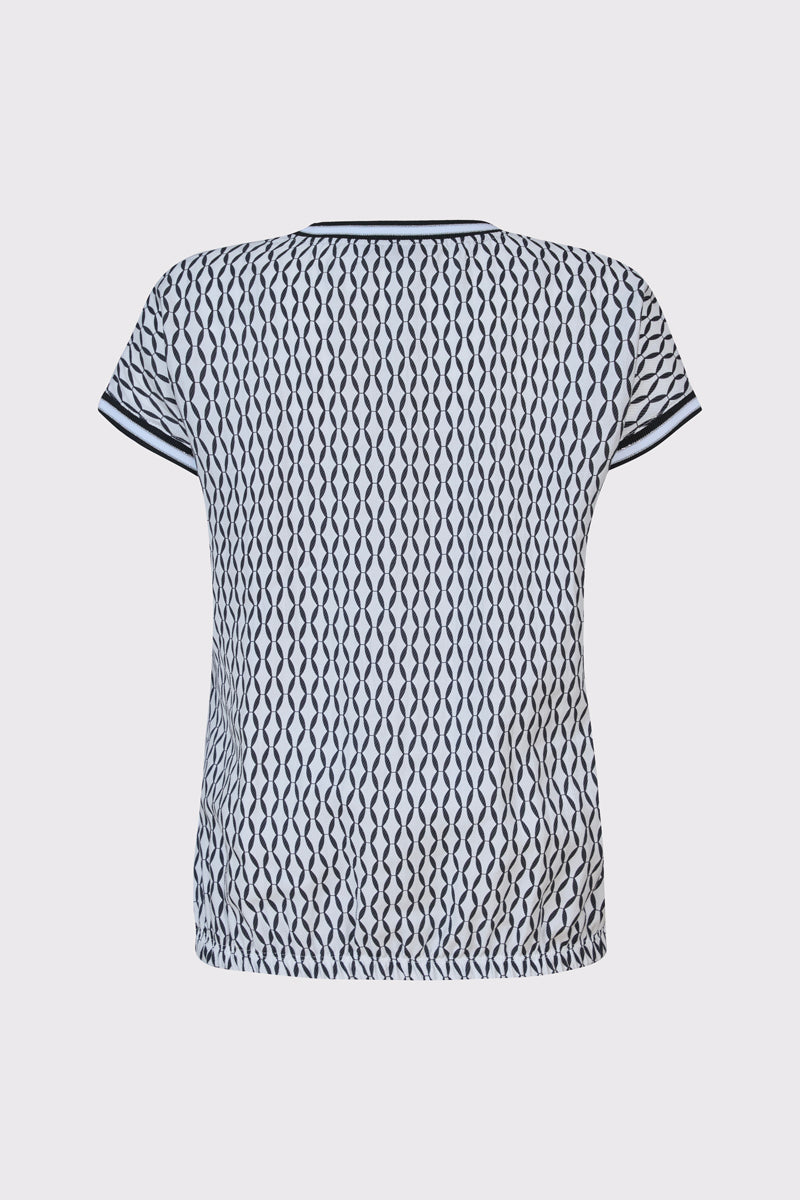 Biały t-shirt z ozdobnym nadrukiem i czarną lamówką