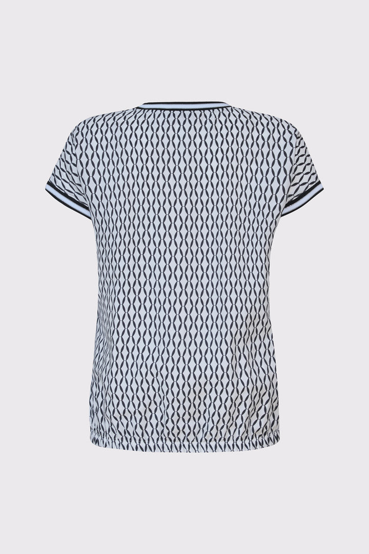 Biały t-shirt z ozdobnym nadrukiem i czarną lamówką