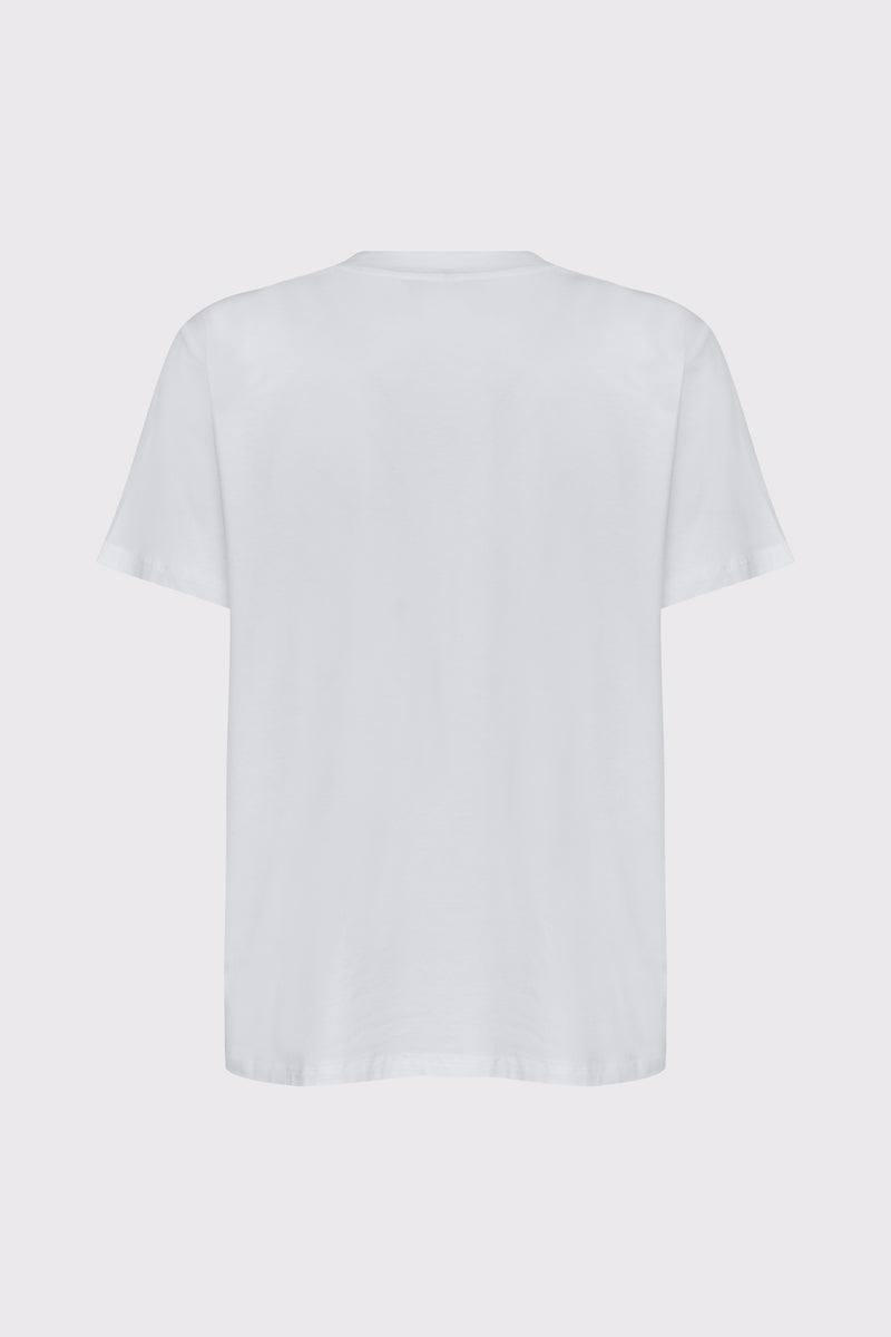 Biały T-shirt z ozdobną aplikacją i motywem liścia