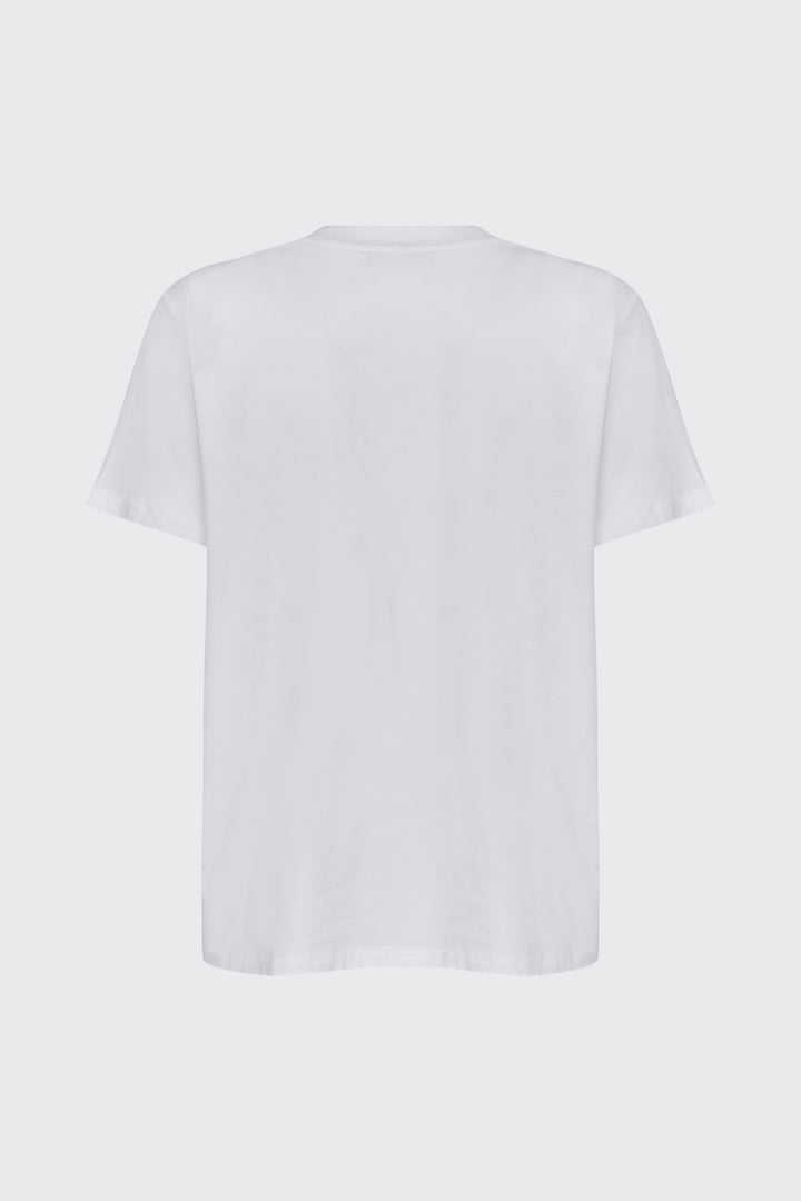 Biały T-shirt z ozdobną aplikacją i motywem liścia