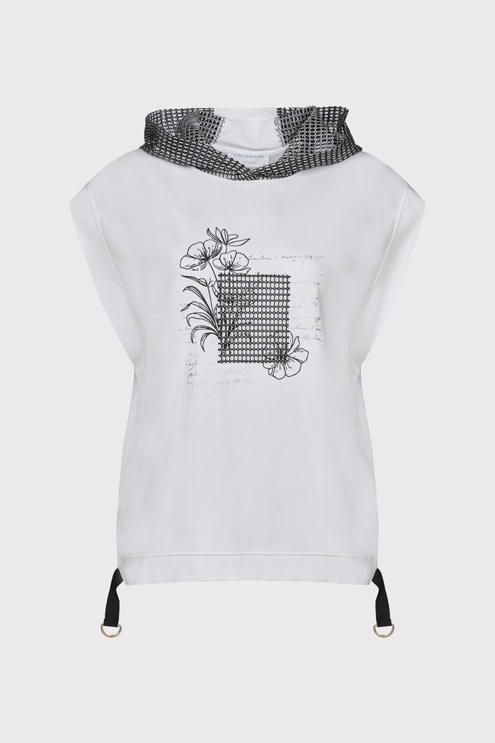 Biała bluza bez rękawów z ozdobnym kapturem