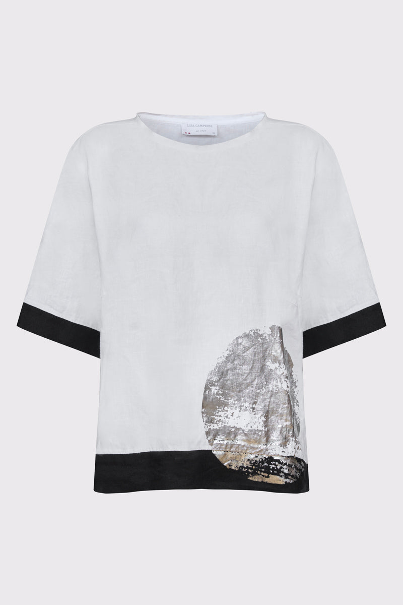 Biała lniana bluzka z połyskującym srebrnym nadrukiem