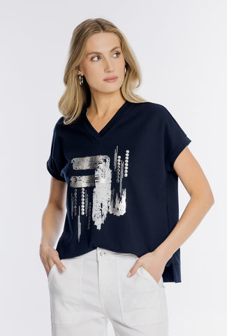 Granatowa bluzka Campione ze srebrnym artystycznym nadrukiem