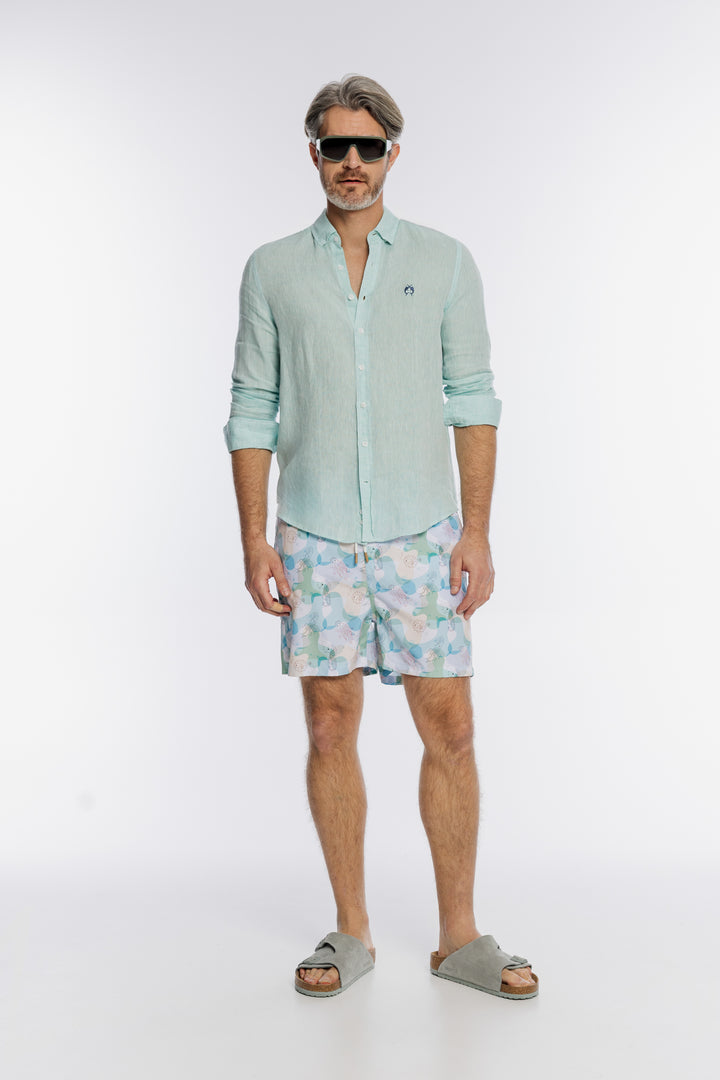 Męski zestaw plażowy z lnianą koszulą Regular Fit i szortami