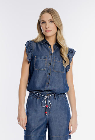 Jeansowa bluzka damska Campione z ozdobnymi falbanami