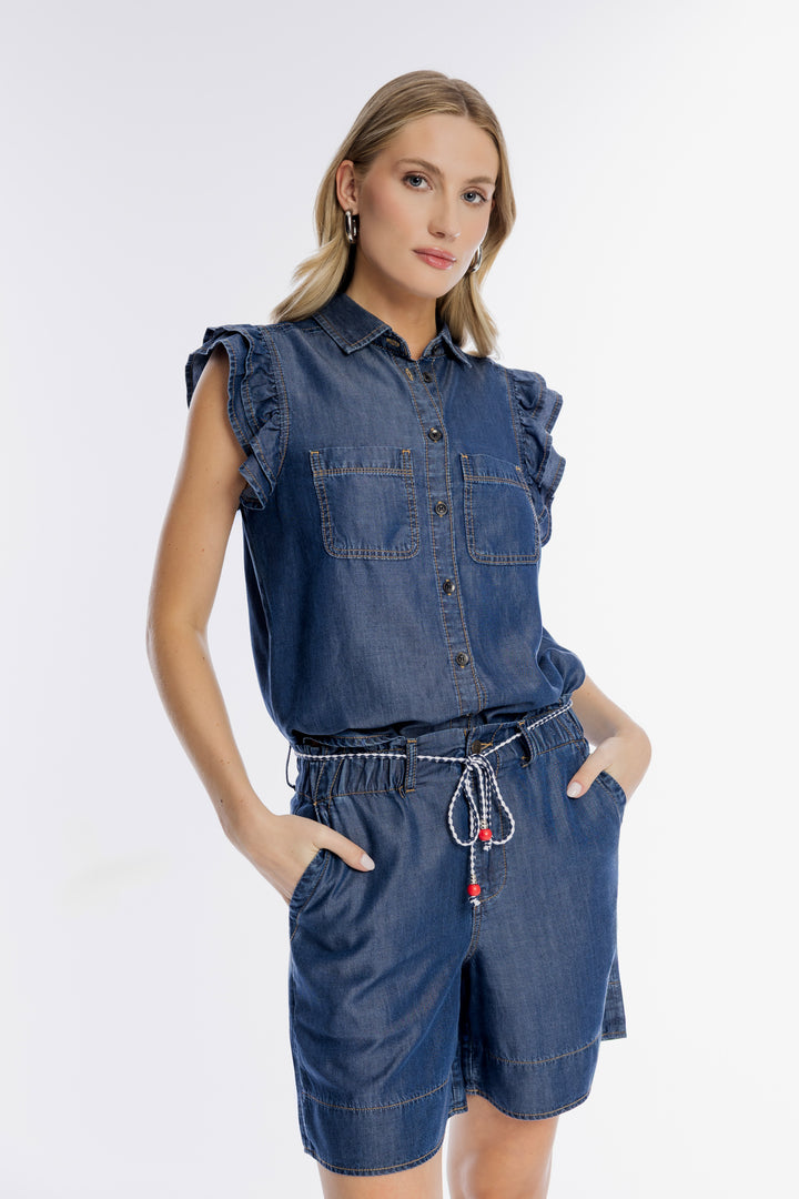 Jeansowy komplet z falbanami i ozdobnym sznurkiem