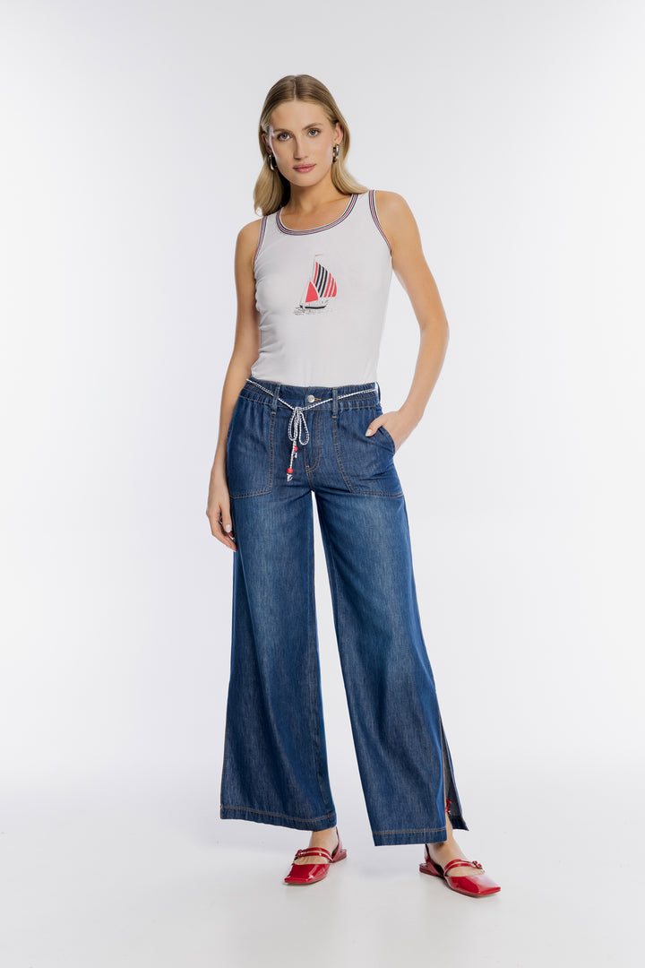 Szerokie spodnie jeansowe z topem w żeglarskim stylu