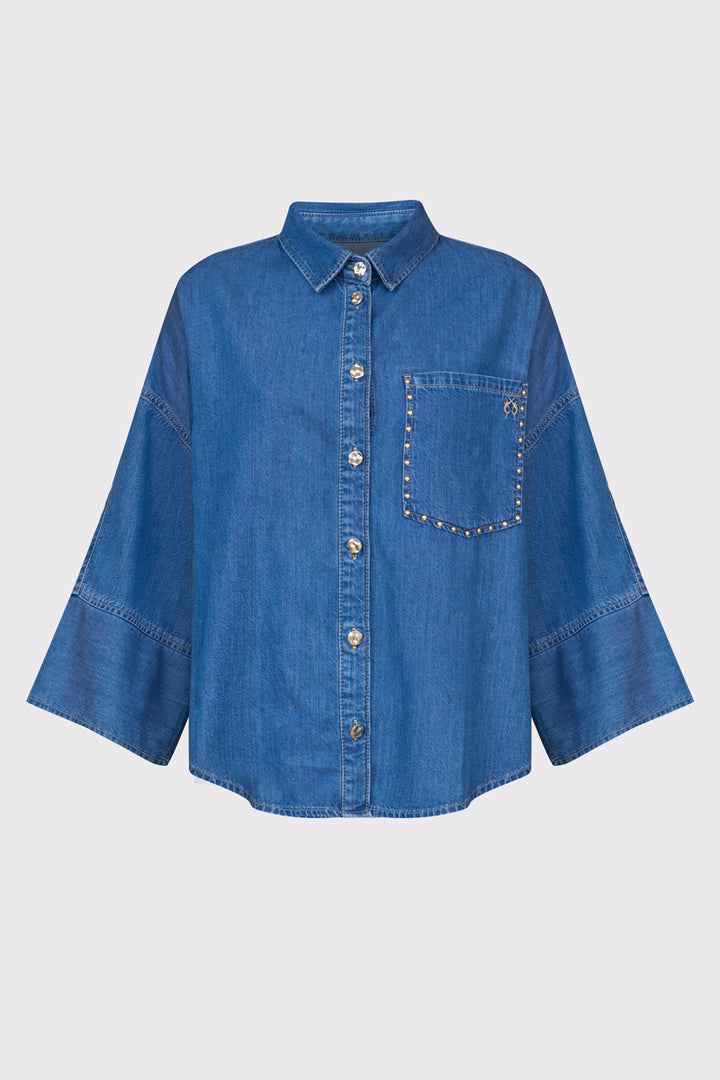 Jeansowa koszula damska z ozdobną kieszenią i dżetami
