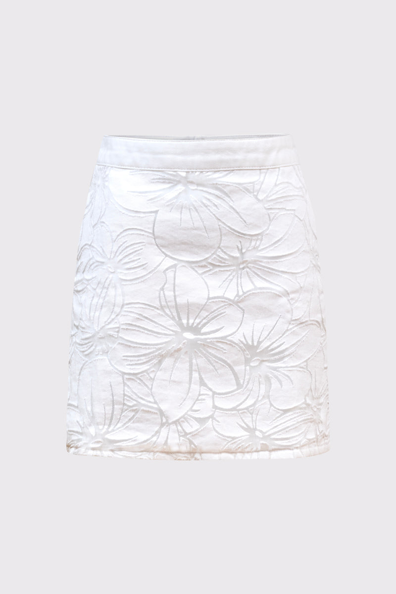 Biała spódnica mini z wypukłym haftem kwiatowym