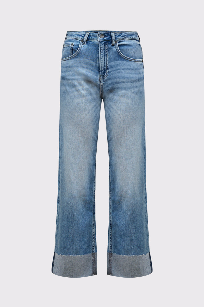 Damskie spodnie jeansowe z szeroką nogawką i podwinięciem