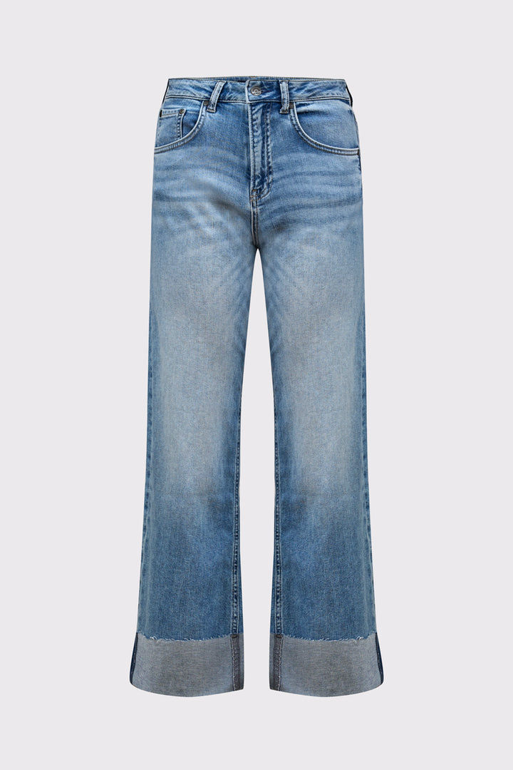 Damskie spodnie jeansowe z szeroką nogawką i podwinięciem