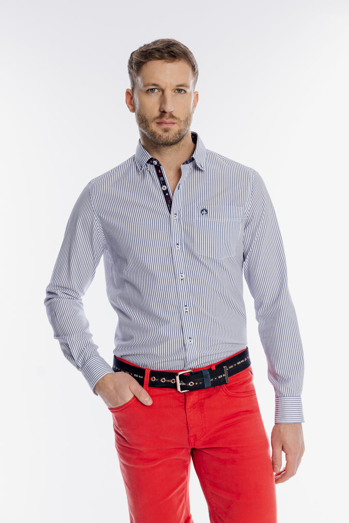 Męska biała koszula Campione w granatowe paski Regular Fit