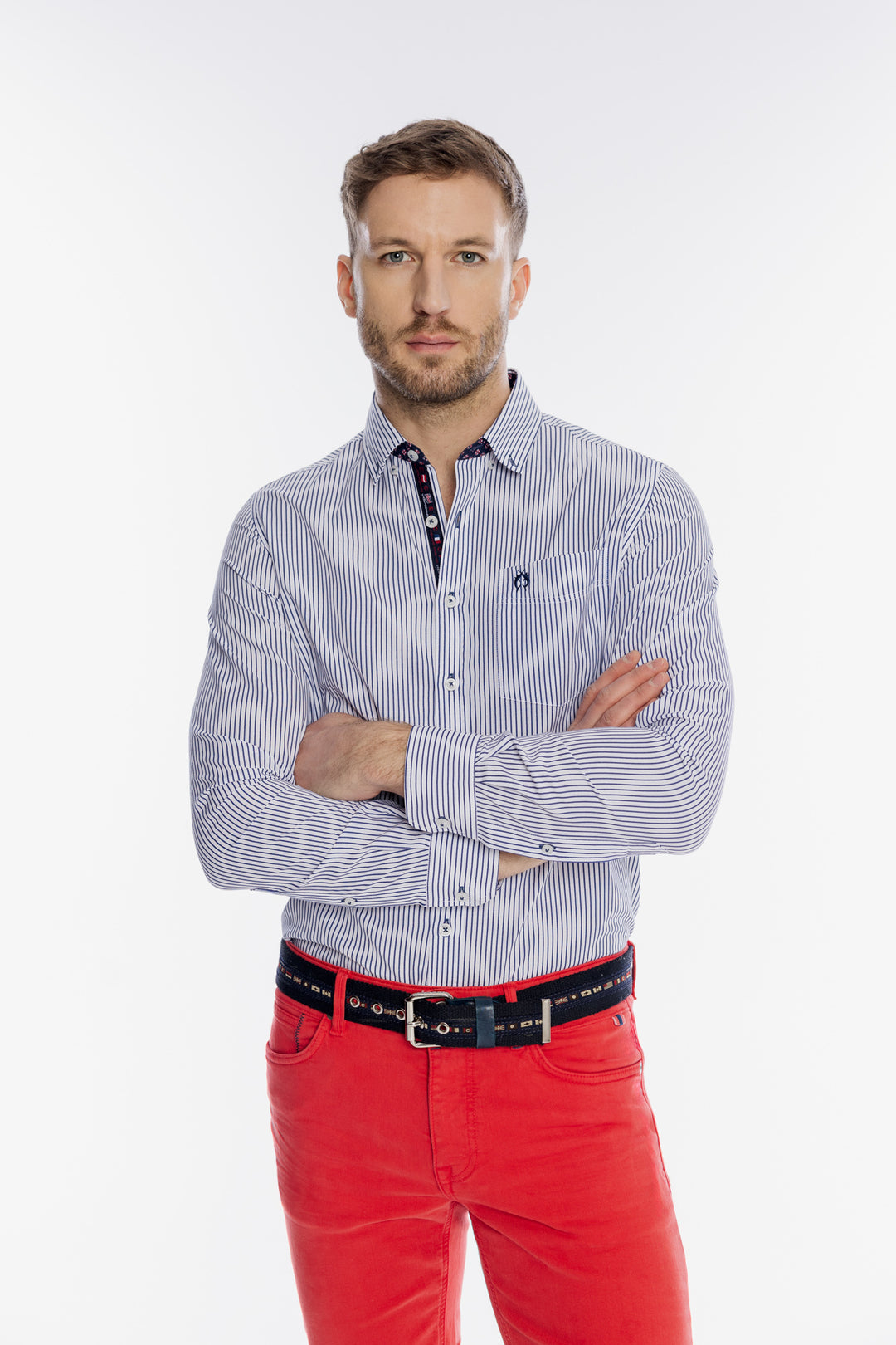 Męska biała koszula Campione w granatowe paski Regular Fit