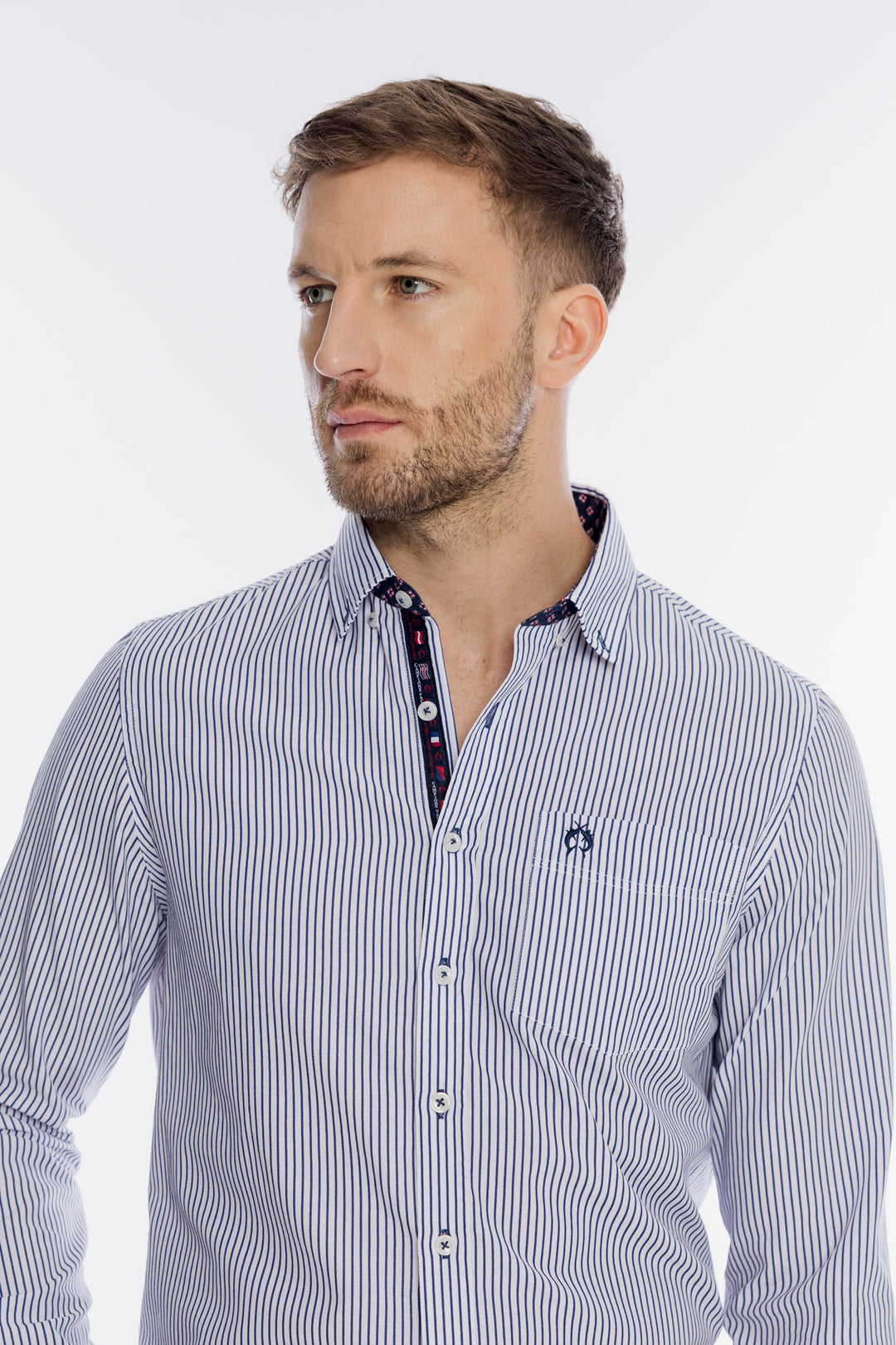 Męska biała koszula Campione w granatowe paski Regular Fit