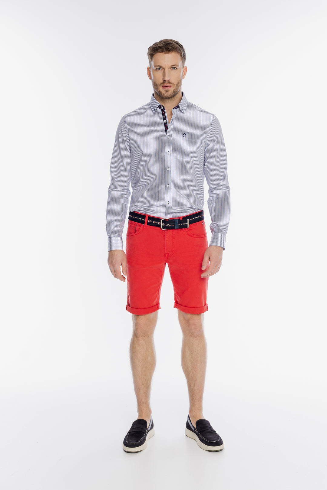 Męska biała koszula Campione w granatowe paski Regular Fit