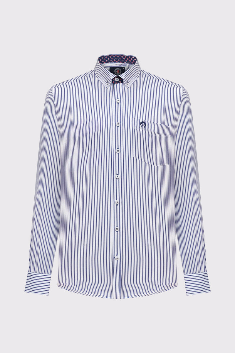 Męska biała koszula Campione w granatowe paski Regular Fit