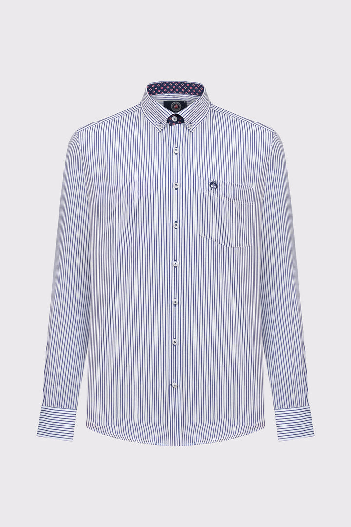 Męska biała koszula Campione w granatowe paski Regular Fit