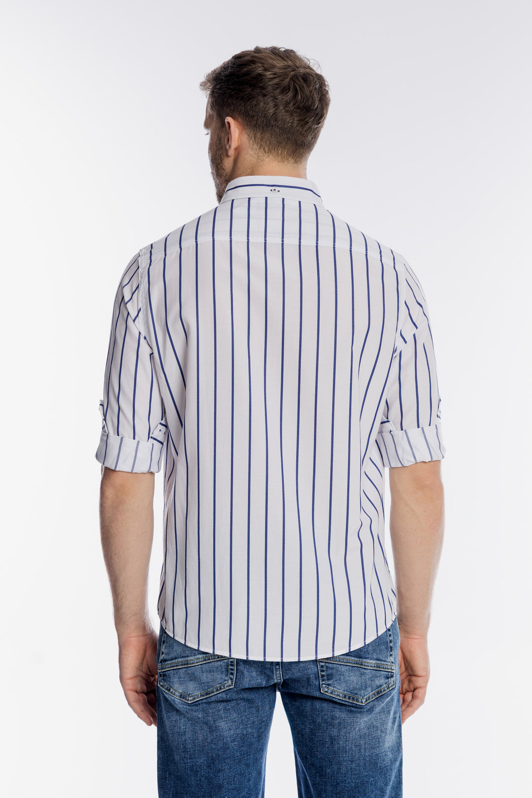 Męska biała koszula Campione w szerokie niebieskie pasy Modern Fit