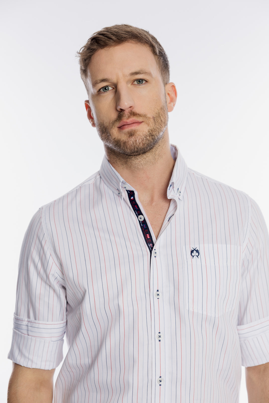 Męska biała koszula Campione w kolorowe prążki Modern Fit
