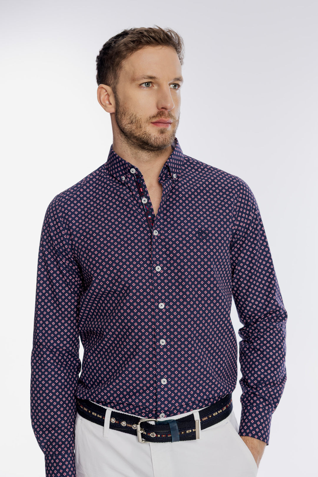 Granatowa koszula męska w drobny geometryczny wzór Modern Fit