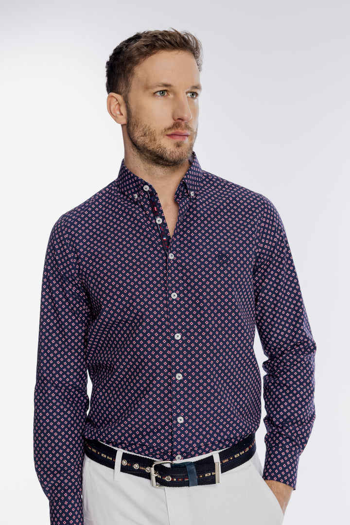 Granatowa koszula męska w drobny geometryczny wzór Modern Fit