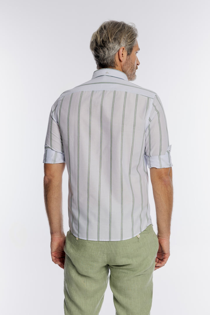 Męska biała koszula Campione w zielone pionowe pasy Regular Fit