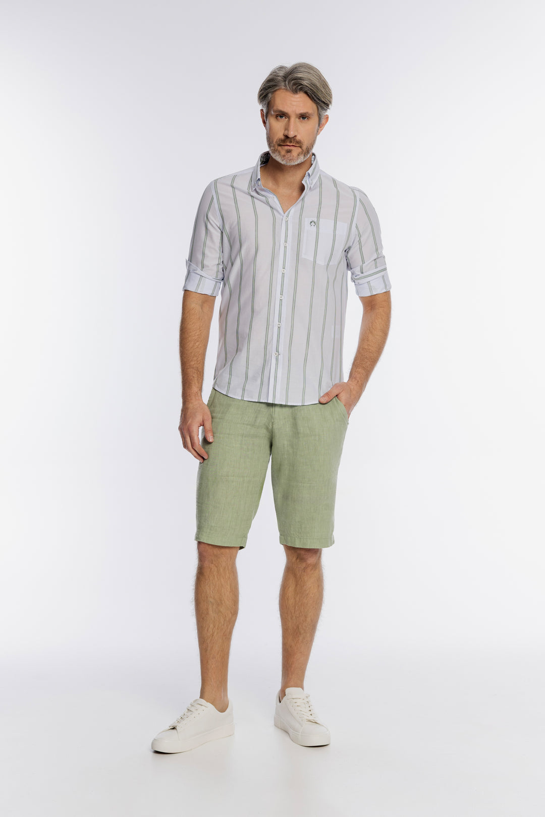 Męska biała koszula Campione w zielone pionowe pasy Regular Fit