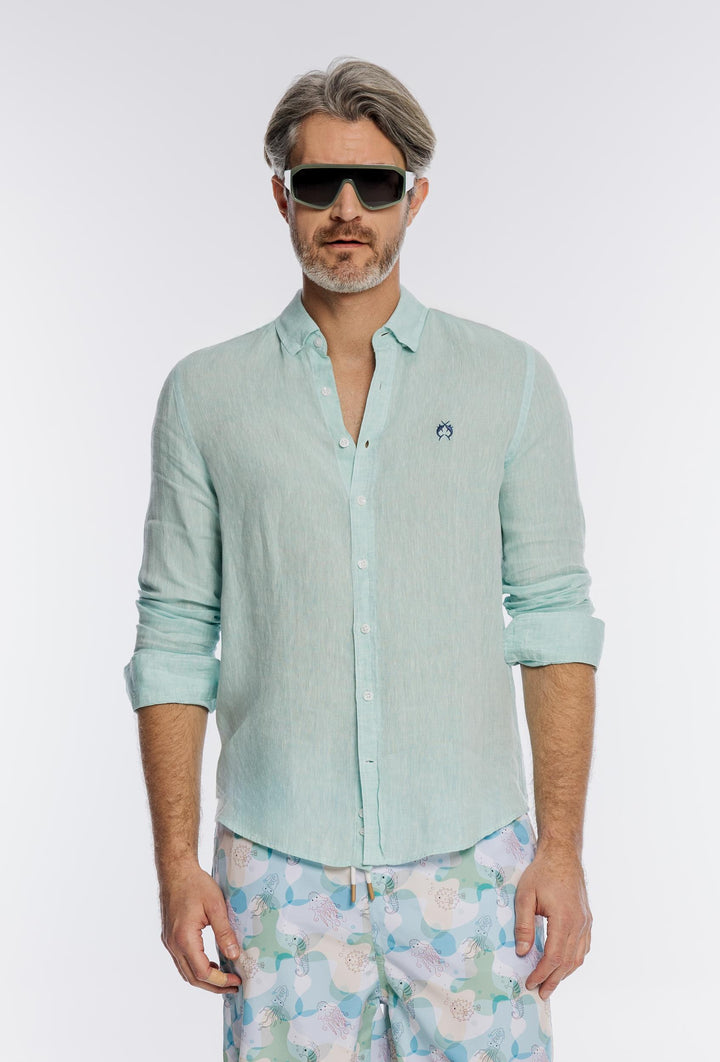 Męski zestaw plażowy z lnianą koszulą Regular Fit i szortami