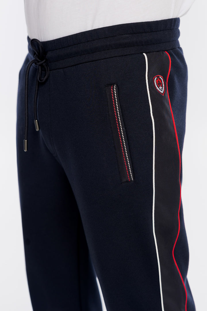 Granatowy dresowy komplet premium z kontrastowymi lampasami i logo