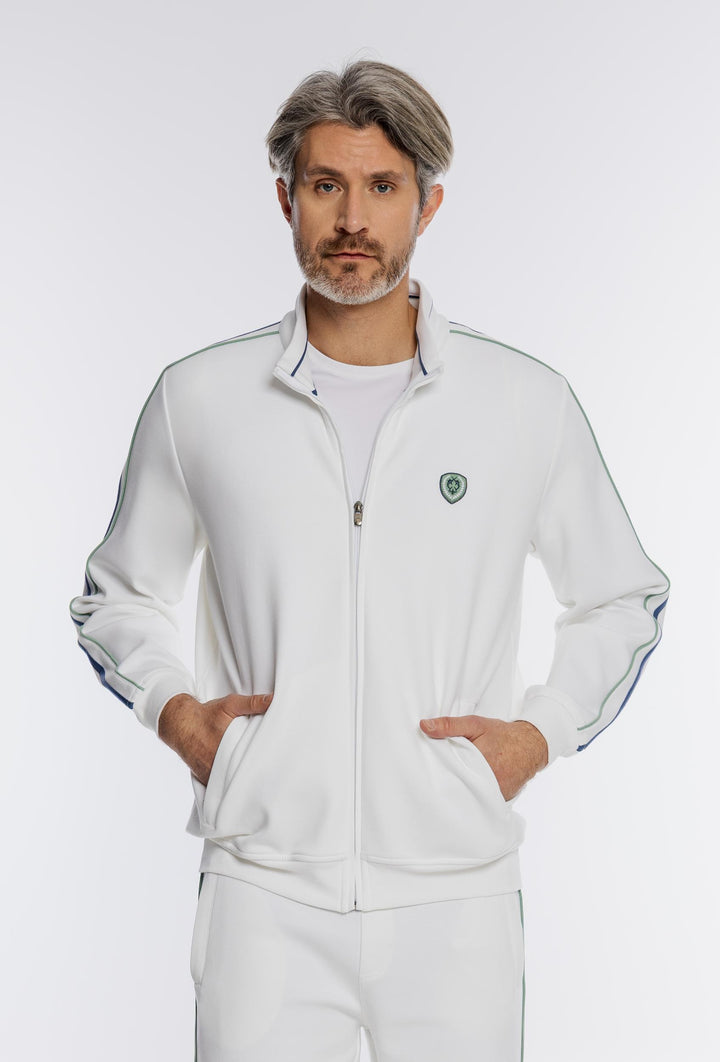 Biała męska bluza rozpinana z kontrastowymi pasami