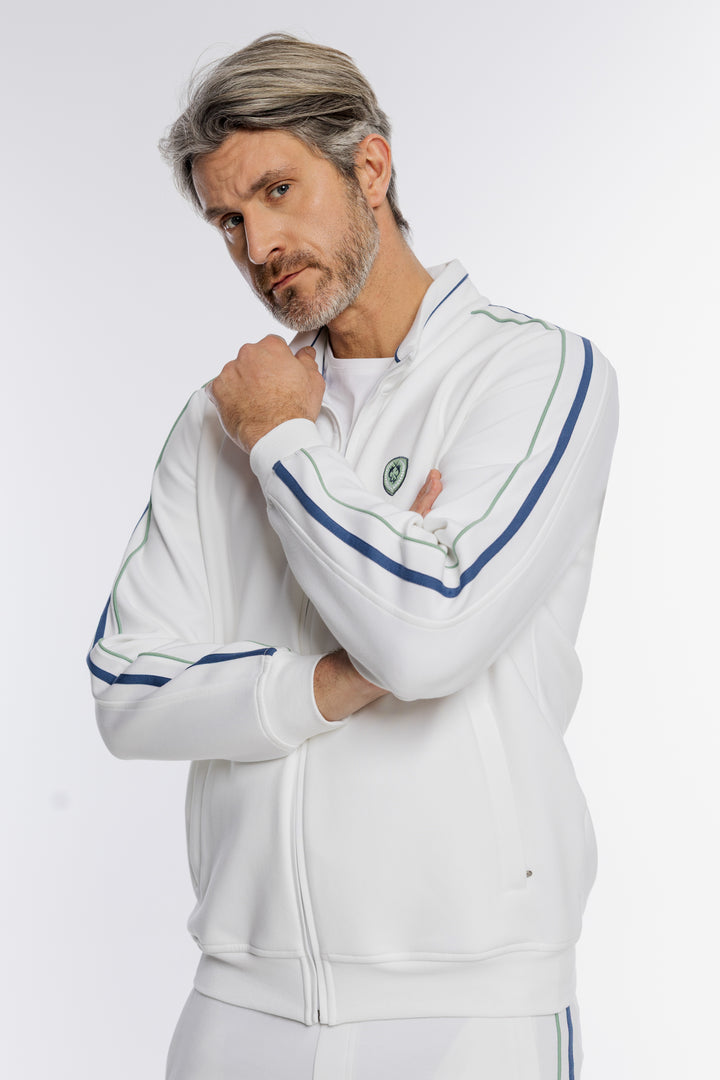 Biały dresowy zestaw premium z kontrastowymi lampasami i logo