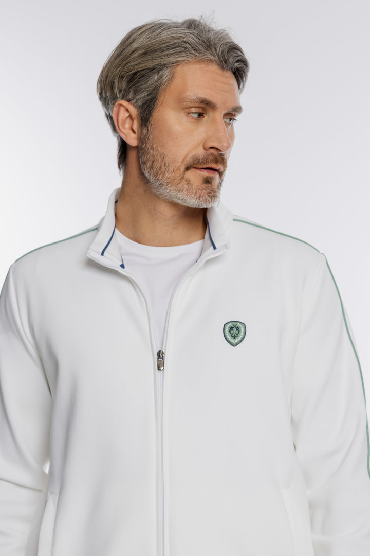 Biała męska bluza rozpinana z kontrastowymi pasami