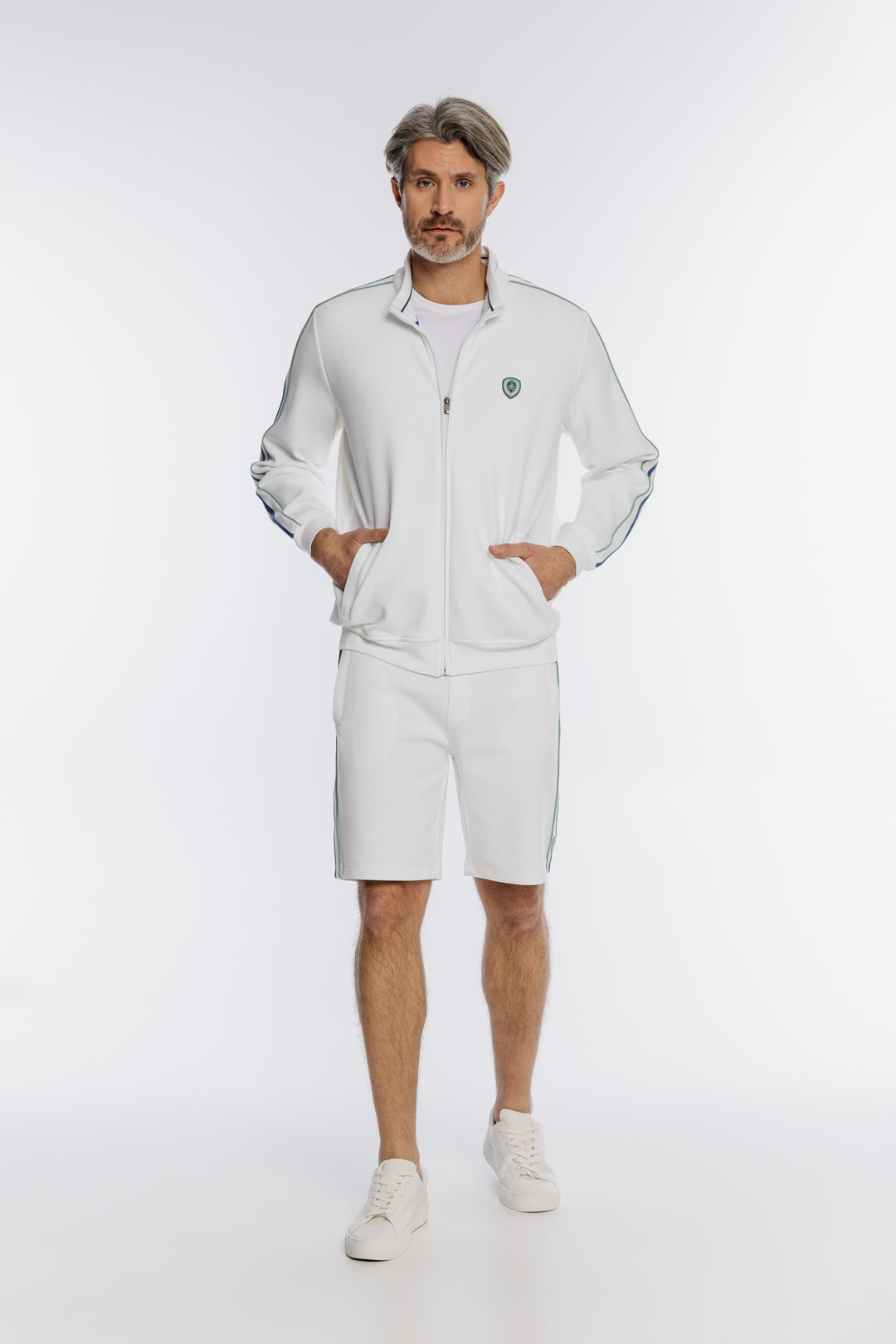 Biała męska bluza rozpinana z kontrastowymi pasami