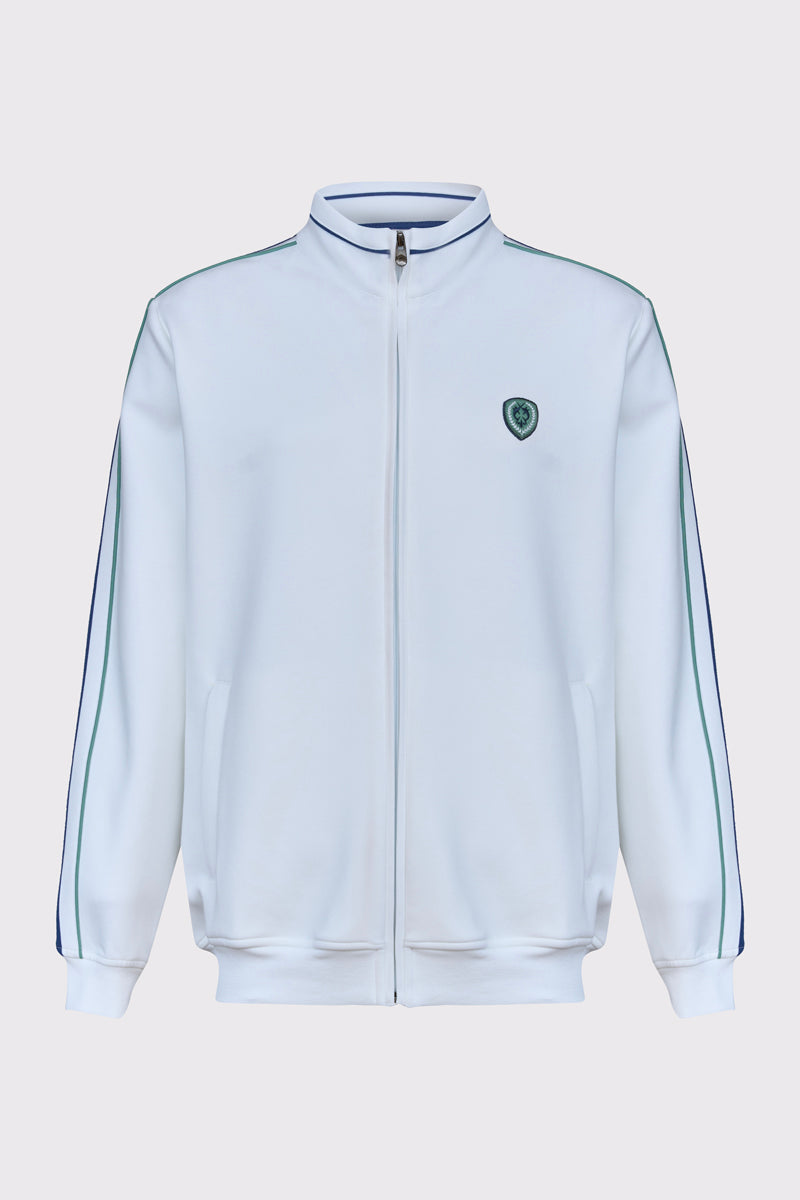 Biała męska bluza rozpinana z kontrastowymi pasami