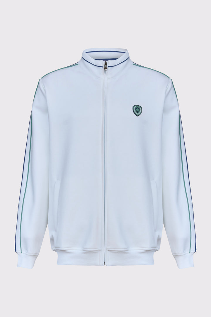 Biała męska bluza rozpinana z kontrastowymi pasami