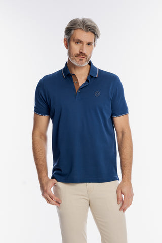Męska niebieska koszulka polo z brązowymi detalami