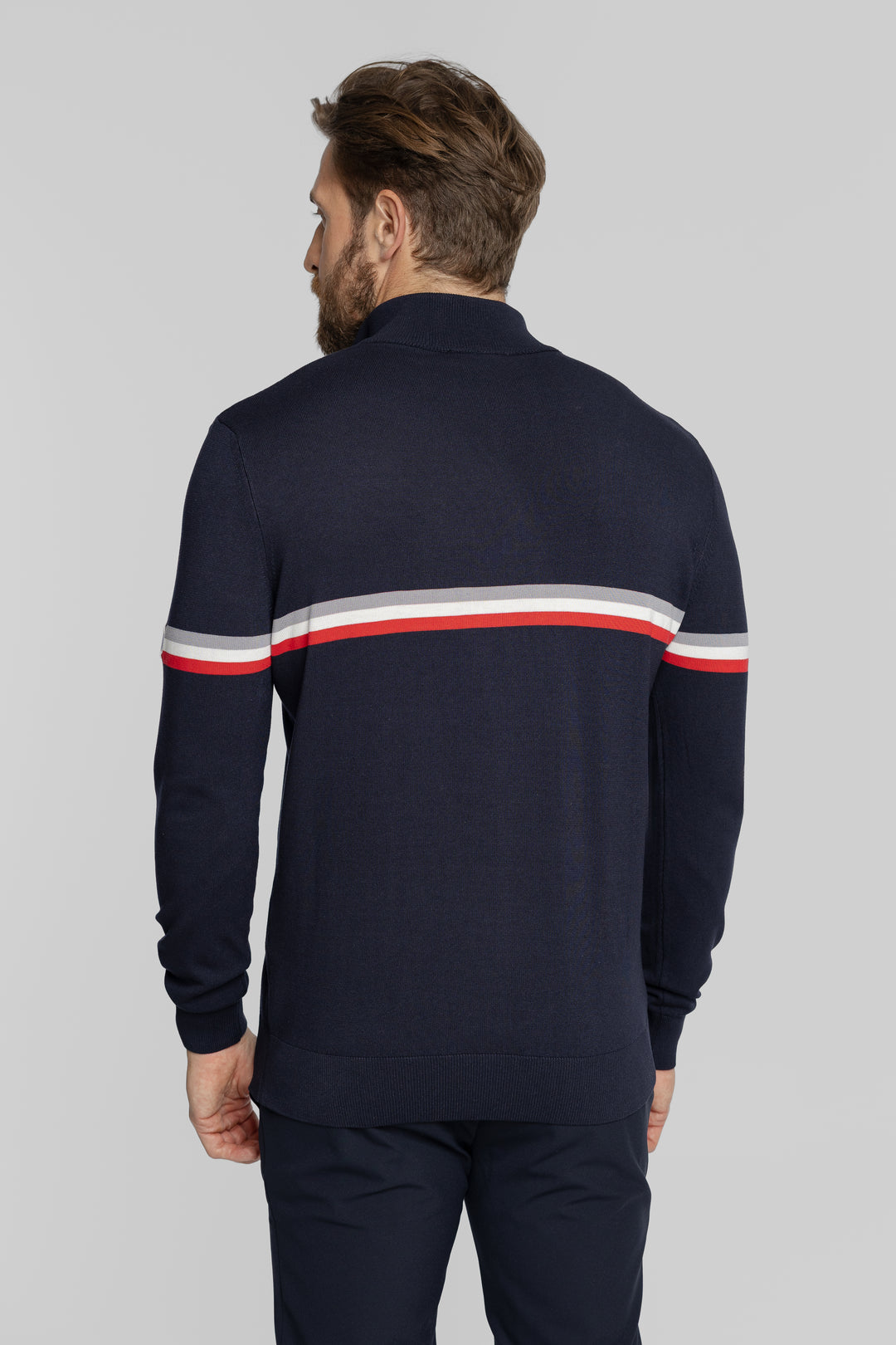 Granatowy sweter męski z zamkiem i paskami