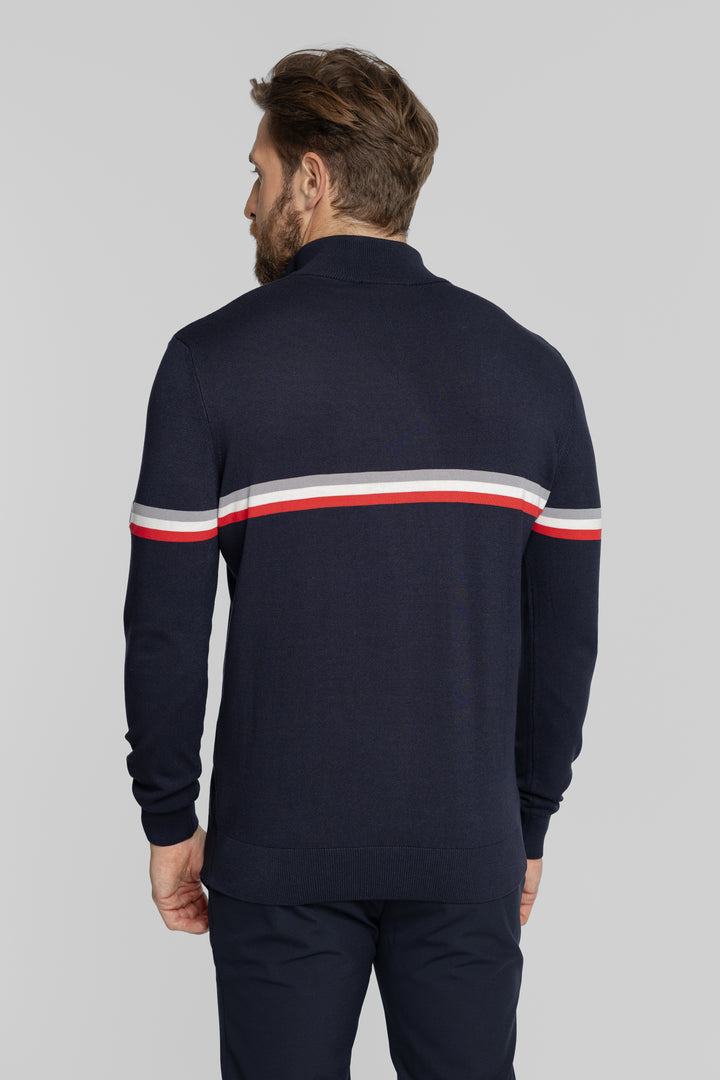 Granatowy sweter męski z zamkiem i paskami