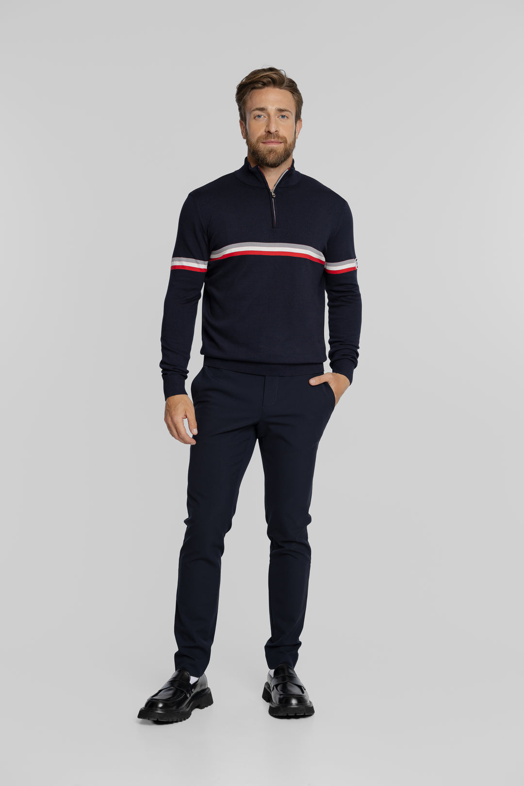 Granatowy sweter męski z zamkiem i paskami