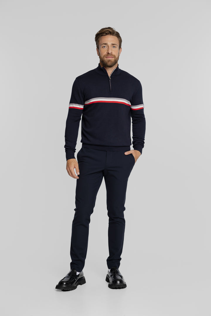 Granatowy sweter męski z zamkiem i paskami