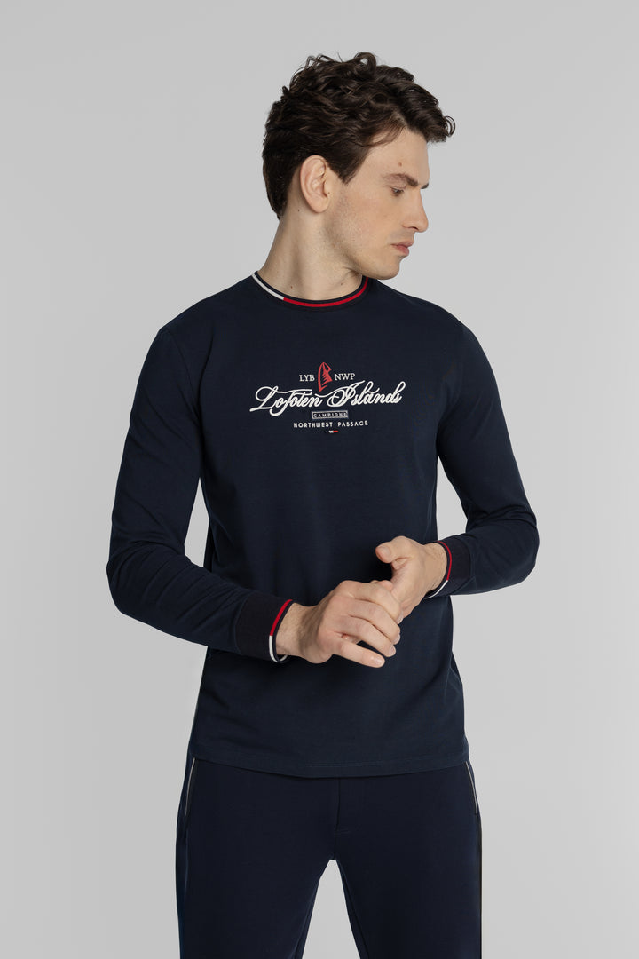 Granatowy T-shirt z długim rękawem i nadrukiem