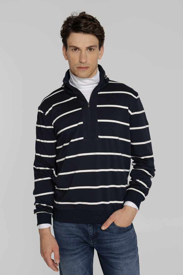Męska bluza w granatowo-białe paski z zamkiem przy stójce Regular Fit