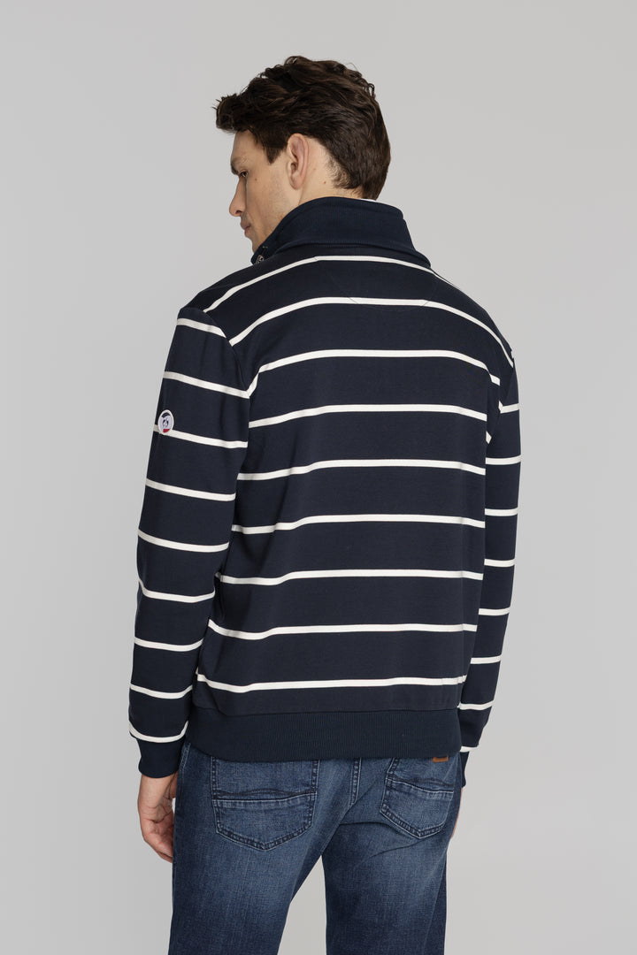 Męska bluza w granatowo-białe paski z zamkiem przy stójce Regular Fit